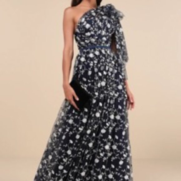 Lulu's Whimsical Allure Navy Mesh Embroidered One-Shoulder Maxi Dress - Picture 4 of 10